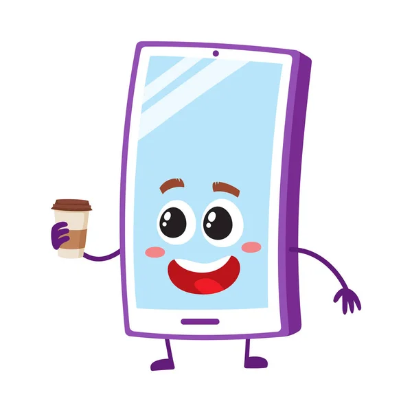Αστεία κινούμενα σχέδια κινητό τηλέφωνο, smartphone χαρακτήρα κρατώντας καφέ χαρτί Κύπελλο — Διανυσματικό Αρχείο
