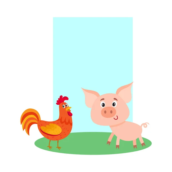 Póster, etiqueta, modelo de pancarta con cerdo de granja y gallo rojo — Vector de stock