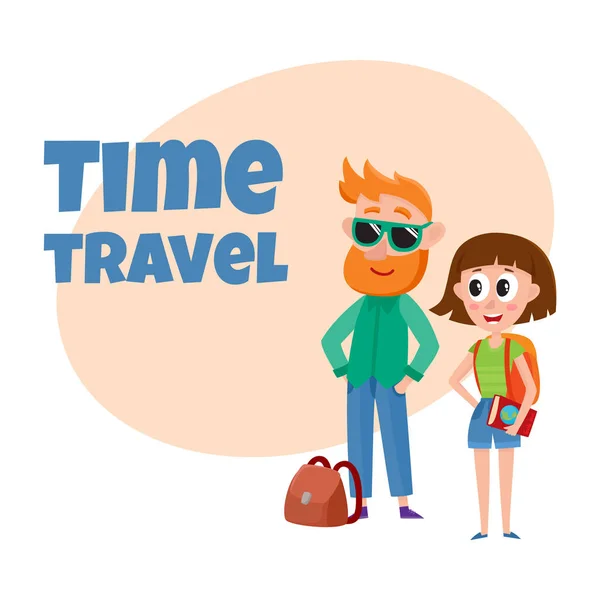 Seyahat zaman poster, afiş, karikatür turist çift kartpostal tasarım — Stok Vektör