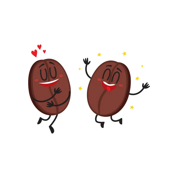 Två roliga kaffebönor tecken, visar kärlek, imponerad och glad — Stock vektor