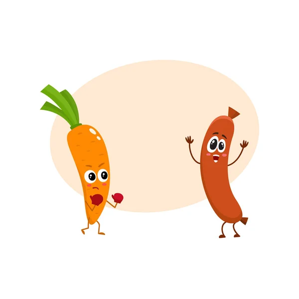 Смешные пищевые персонажи, морковь против колбасы, концепция здорового образа жизни — стоковый вектор