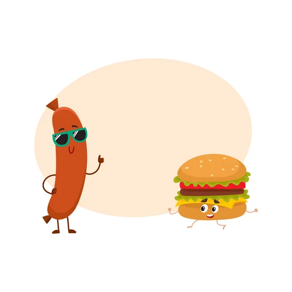 Lucu tersenyum sosis dan karakter hamburger, konsep makanan cepat saji - Stok Vektor