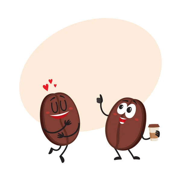 Kaksi hassua kahvipapuhahmoa, osoittamassa rakkautta, antamassa peukaloa — vektorikuva