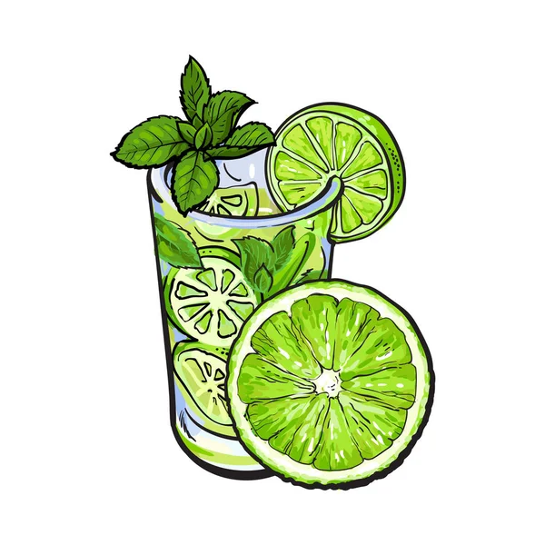 Demi citron vert et verre de jus, mojito, cocktail avec glace — Image vectorielle
