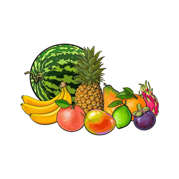 Dessiné à la main, ensemble de style croquis de fruits exotiques tropicaux — Image vectorielle