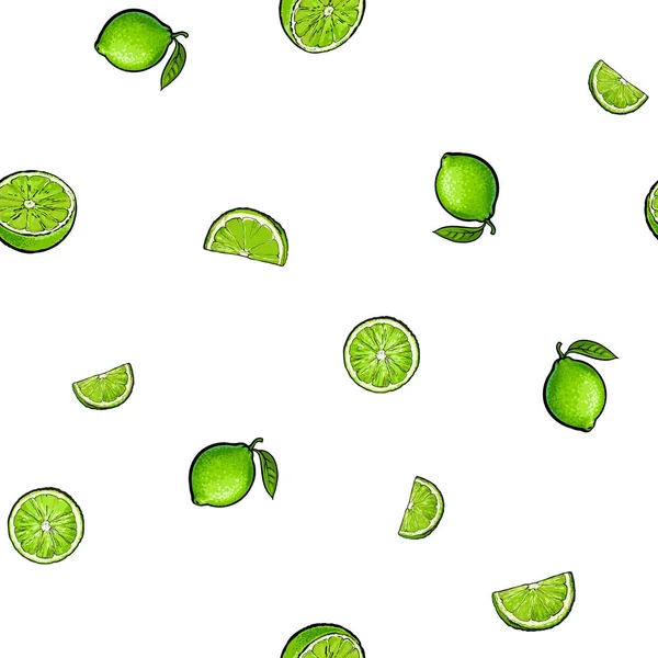 Patrón inconsútil de frutos de lima enteros y medio verdes — Vector de stock