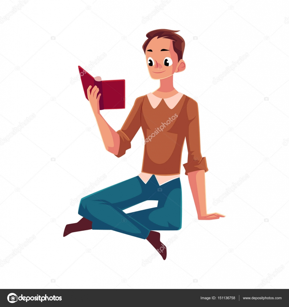 Молодой Человек, Мальчик Читает Книгу Сидя На Полу Векторное.