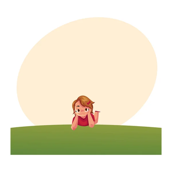Девочка-подросток с короткими волосами лежала на траве, летние каникулы — стоковый вектор