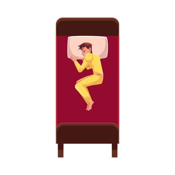 Człowiek śpi w łóżku, w piżamie, leżąc na boku bez przykrycia — Wektor stockowy