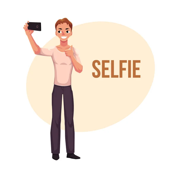 Homem fazendo selfie com smartphone, telefone celular, mostrando o polegar para cima — Vetor de Stock