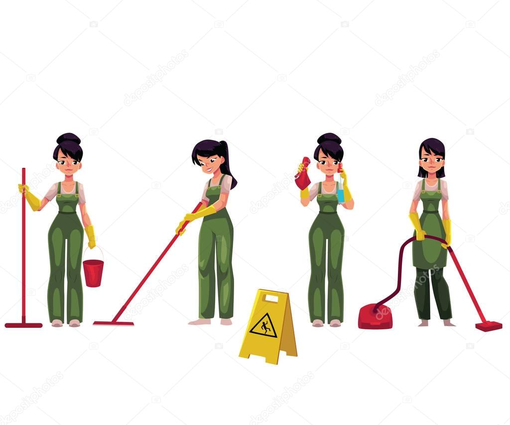 Cleaning service girl, charwoman with vacuum cleaner, mop and bucket
