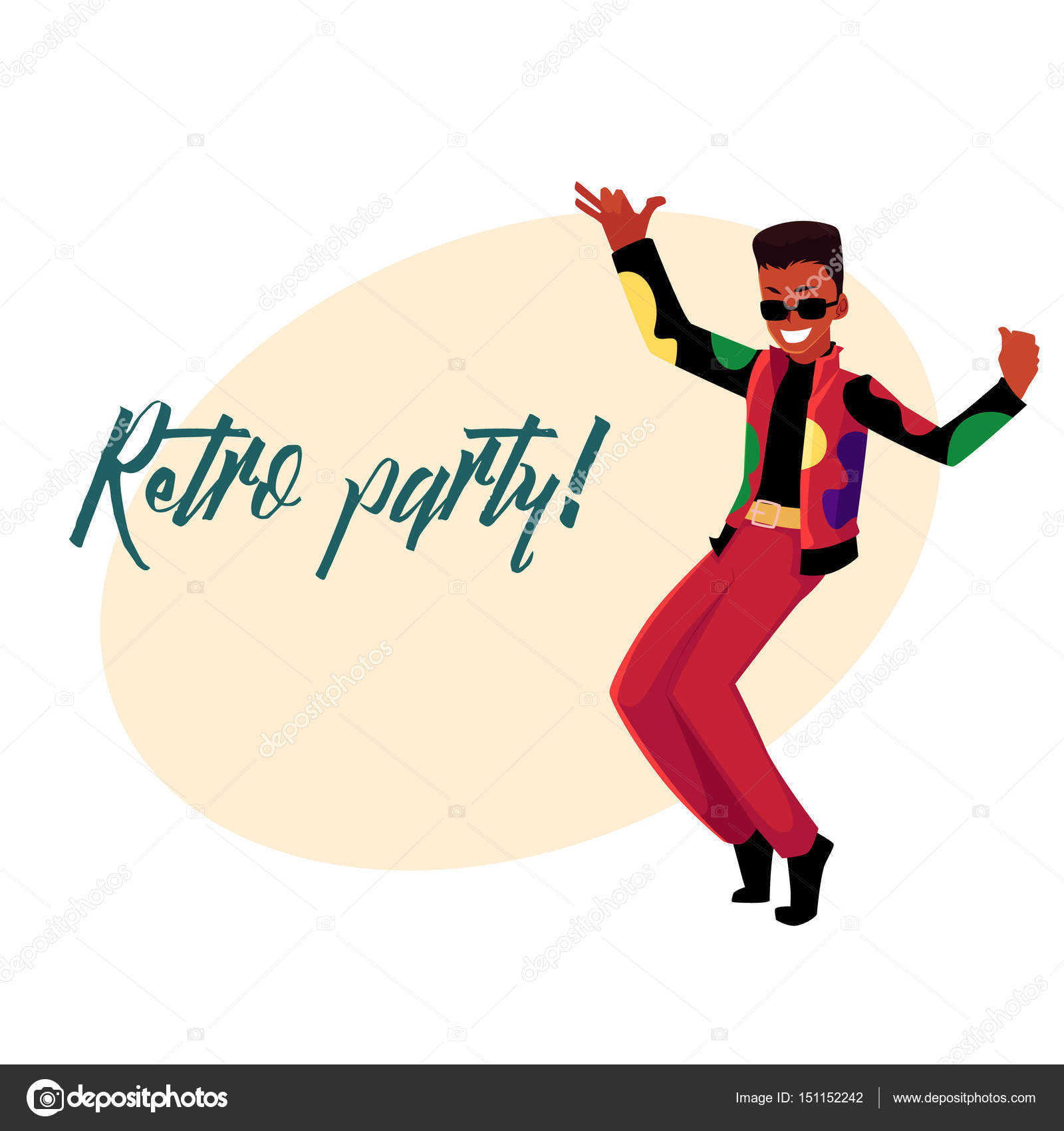 Invitation soirée disco rétro, danse noir man dans les années 80, vêtements \u2014 Image