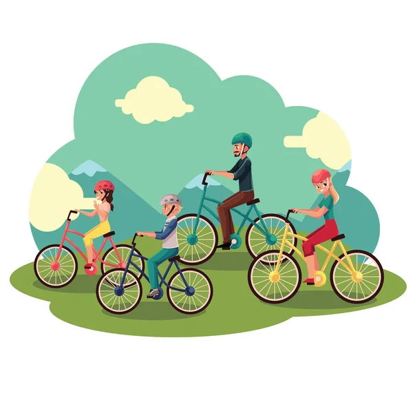 Famille de quatre personnes - père, mère, fille, fils - faisant du vélo — Image vectorielle