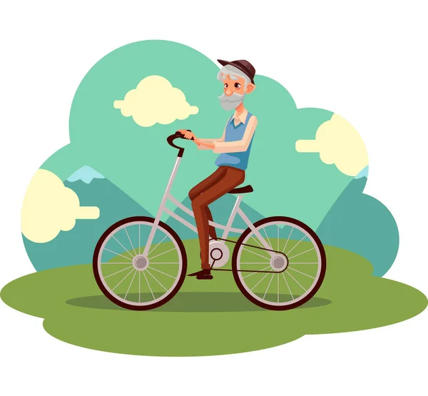 Velho de colete e chapéu andando de bicicleta, de bicicleta — Vetor de Stock