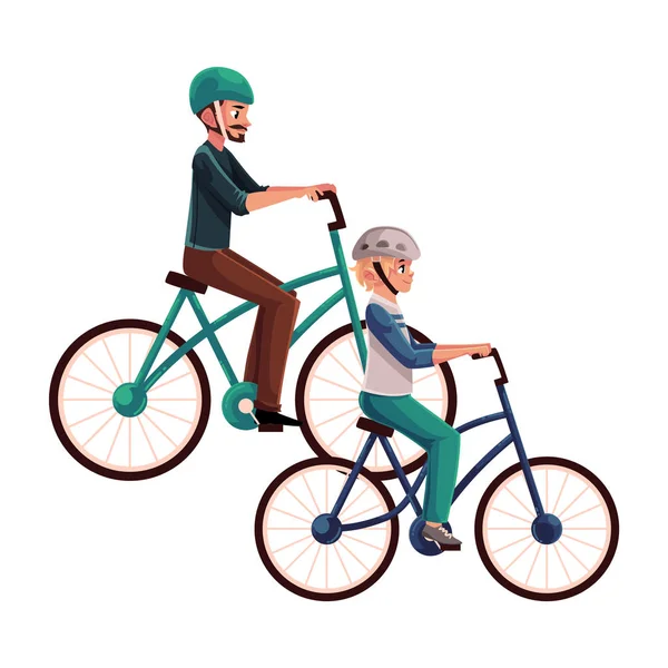 Jovem andando de bicicleta, pedalando junto com seu filho adolescente — Vetor de Stock