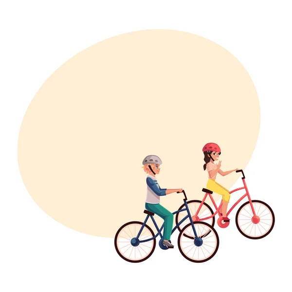 Joven mujer bonita montar en bicicleta, ciclismo junto con el hijo adolescente — Vector de stock
