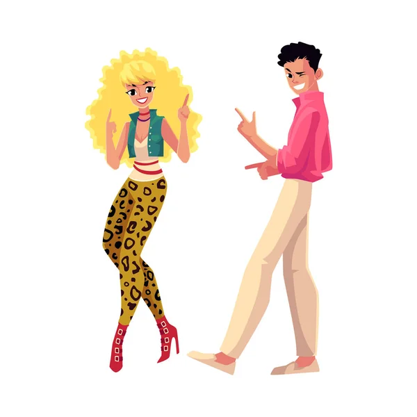 Pareja joven, hombre y mujer, bailando en la fiesta retro disco — Vector de stock