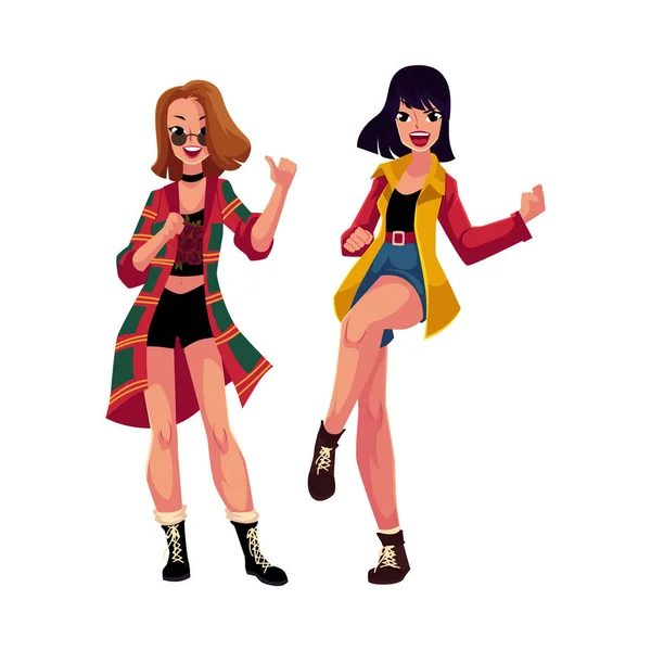 Two girls, women, friends dancing at 90s retro disco party — Stock Vector