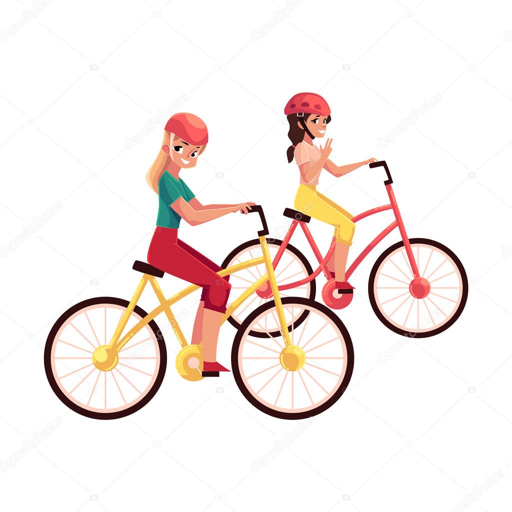 Young woman riding bicycle, cycling together with her teenage daughter
