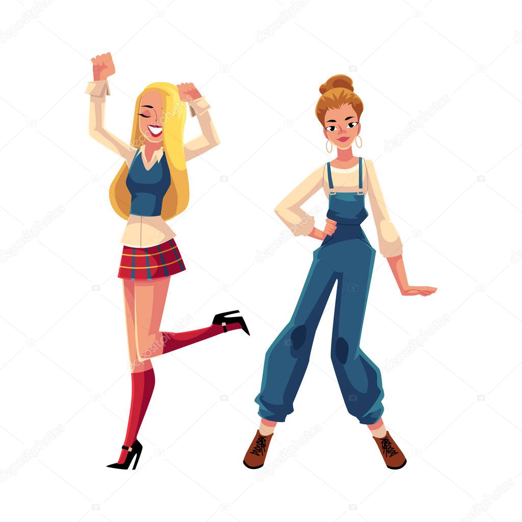 Two girls, women, friends dancing at 90s retro disco party