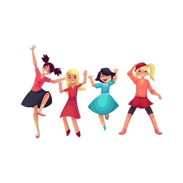 四个女孩中颜色鲜艳的衣服玩开心，在聚会上跳舞 — 图库矢量图片