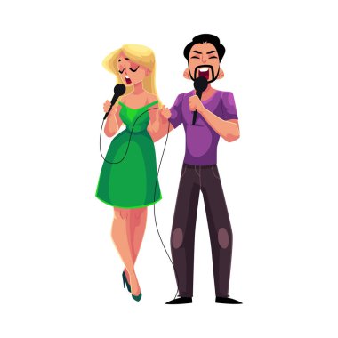 Man and woman singing into microphones, karaoke party, contest, competition clipart