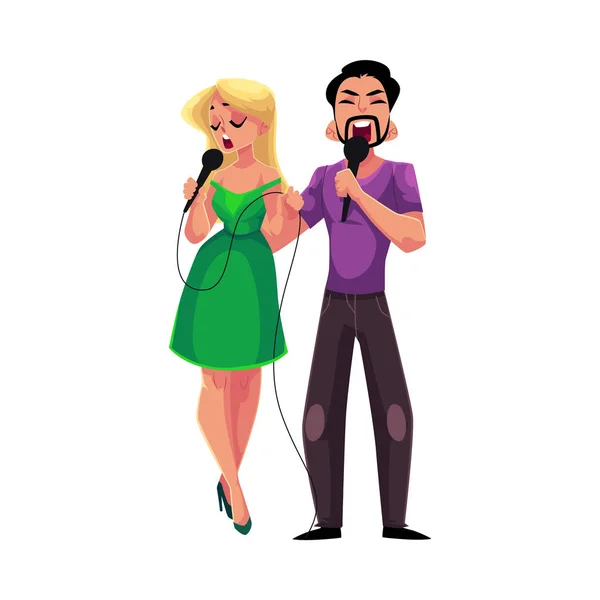 Man and woman singing into microphones, karaoke party, contest, competition — Stock Vector