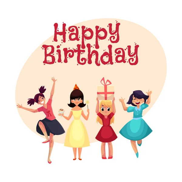 Vier verschiedene Mädchen in bunten Kleidern haben Spaß bei Geburtstagsparty — Stockvektor