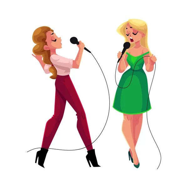 Dvě hezké dívky, ženy, společné zpívání, karaoke párty, soutěže, konkurence — Stockový vektor