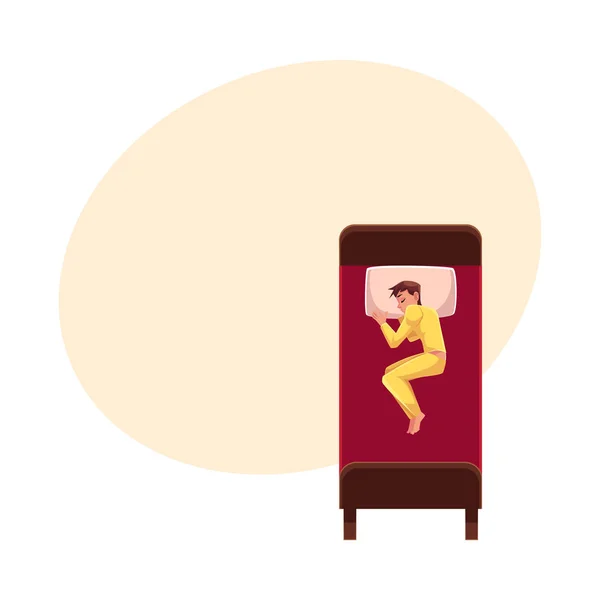 Mann schläft im Bett, trägt Schlafanzug, liegt unbedeckt auf der Seite — Stockvektor