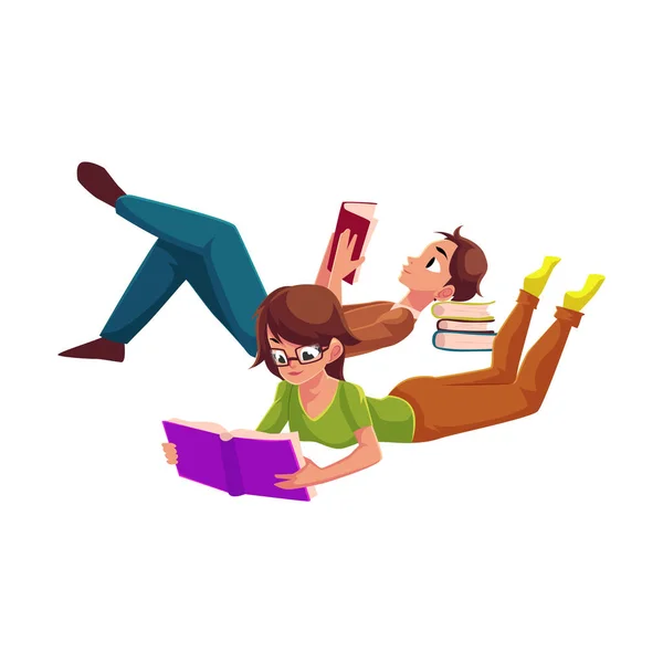 Rapaz, homem lendo livro, mulher de óculos lendo livro enquanto deitado de barriga para baixo —  Vetores de Stock