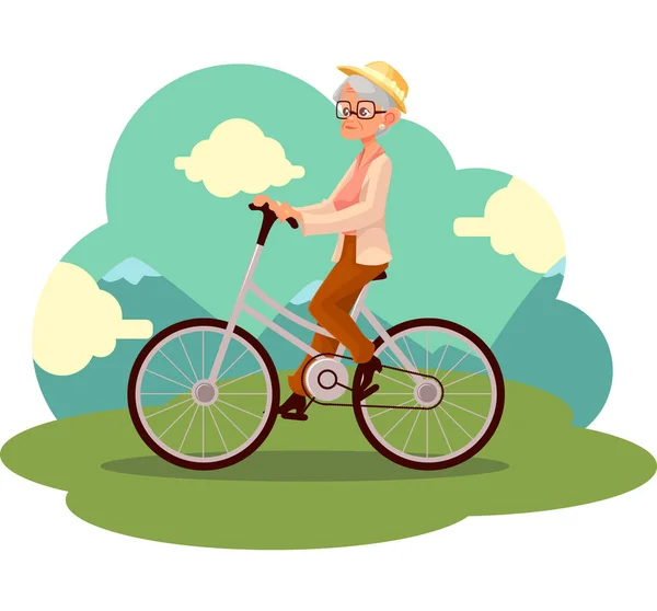 Mulher mais velha elegante, senhora velha andando de bicicleta, ciclismo — Vetor de Stock