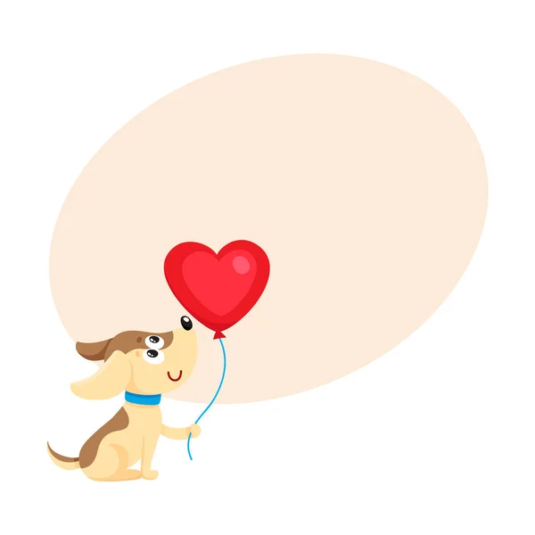 Carino e divertente cane, cucciolo tenendo palloncino a forma di cuore rosso — Vettoriale Stock