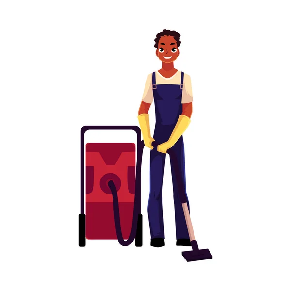 黑清洗服务男孩，男人工作服，专业的真空吸尘器 — 图库矢量图片