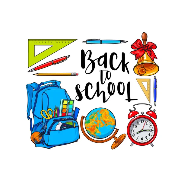 Square frame of school items, backpack with place for text — Stock Vector