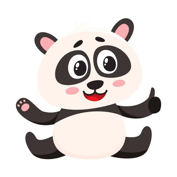 Mignon sourire bébé panda personnage assis, montrant pouce vers le haut — Image vectorielle