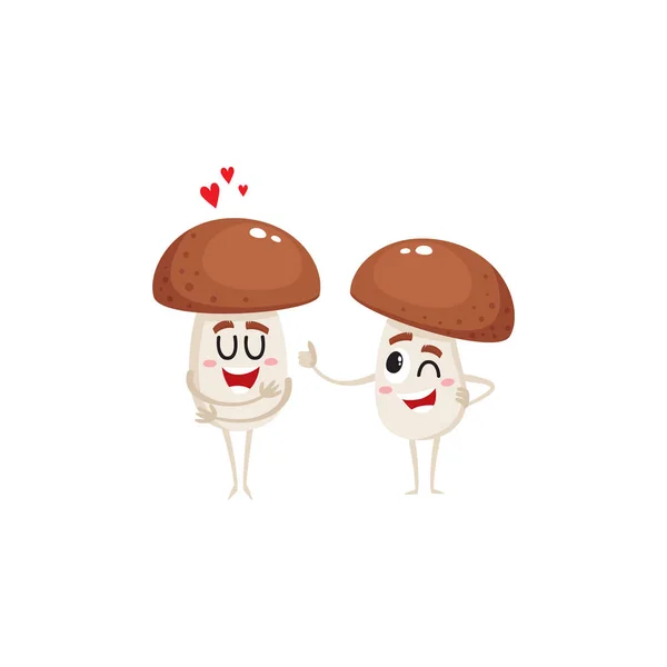 Zwei Pilzfiguren, eine zeigt Liebe, eine gibt den Daumen nach oben — Stockvektor