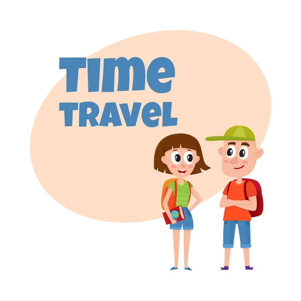 Seyahat zaman poster, afiş, karikatür turist çift kartpostal tasarım — Stok Vektör
