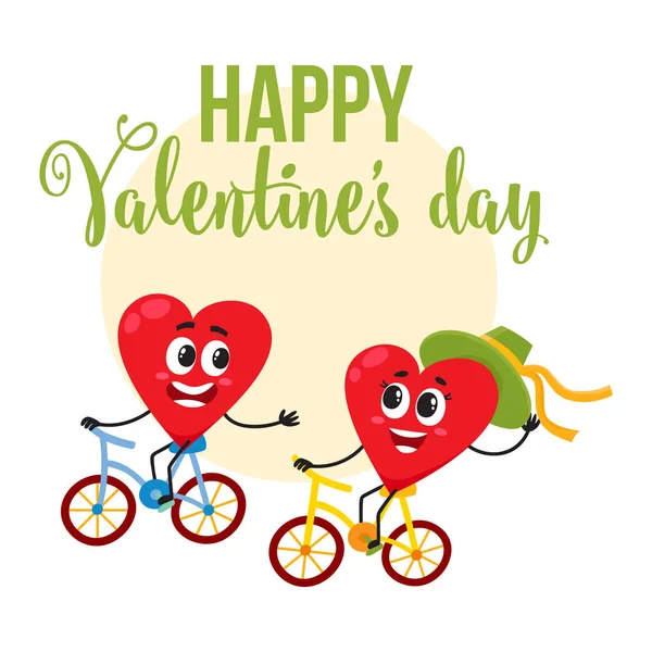 Sevgililer günü tebrik kartı tasarımı bisiklet sürme kalp karakterlerle — Stok Vektör
