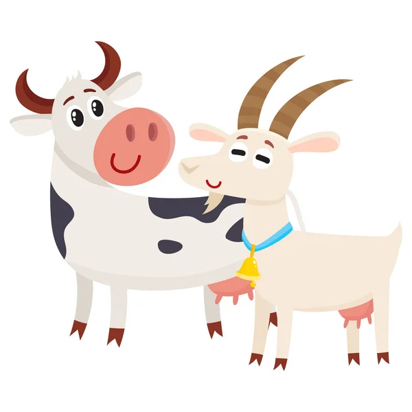 Fazenda vaca manchada de preto olhando para cabra sorridente branca — Vetor de Stock