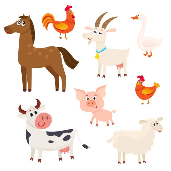 家畜の牛、羊、馬、豚、ヤギ、鶏、鶏、ガチョウ — ストックベクタ