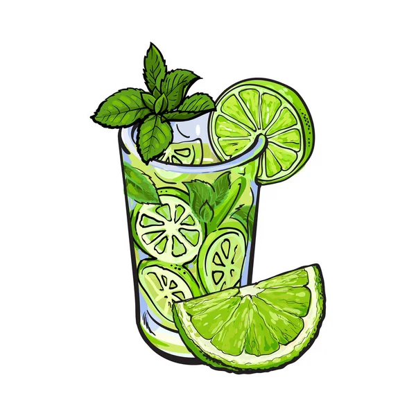 Lime quarter and glass of juice, mojito, cocktail with ice — Stock Vector
