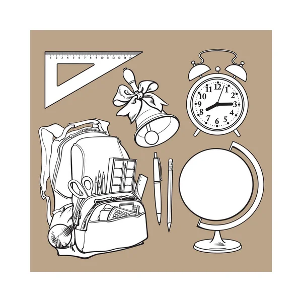 Рюкзак со школьными принадлежностями, будильником, глобусом и колокольчиком — стоковый вектор