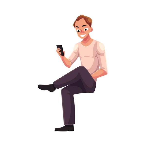 Homem sentado, jogando com smartphone, mensagens de texto, mensagens, usando telefone celular —  Vetores de Stock