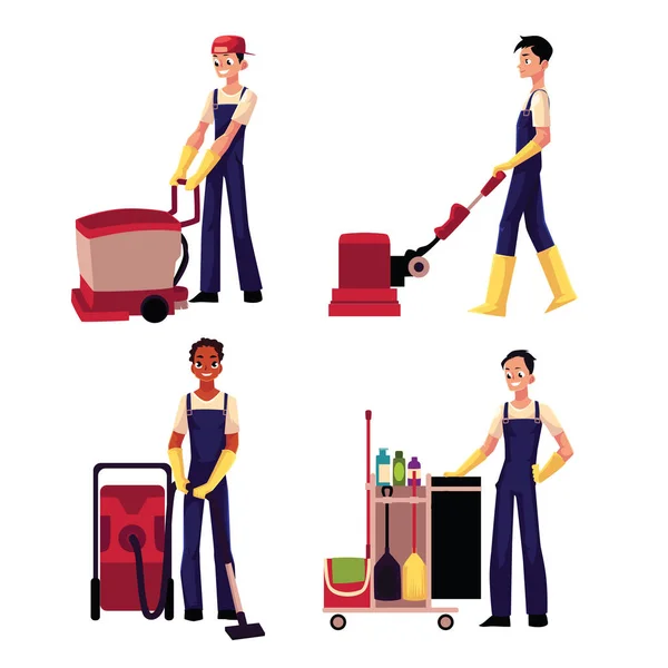 Cleaning service boy with vacuum cleaner, floor washing machine, trolley — Stock Vector