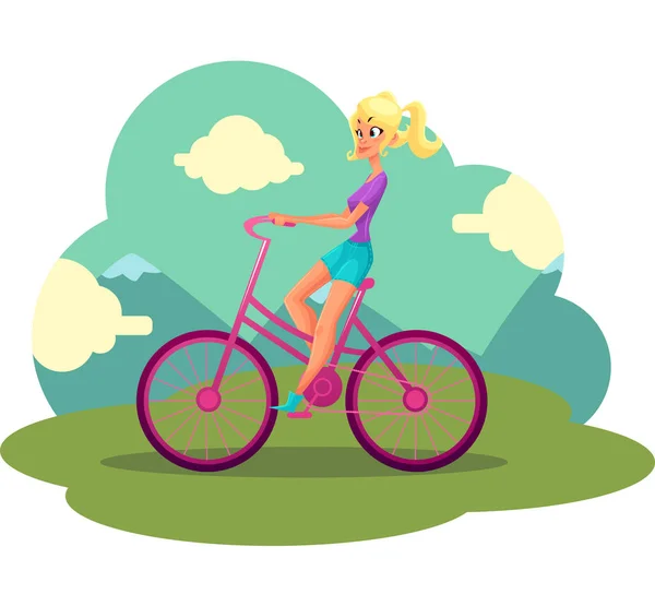 Joven mujer rubia bonita, chica montando bicicleta rosa, ciclismo — Vector de stock