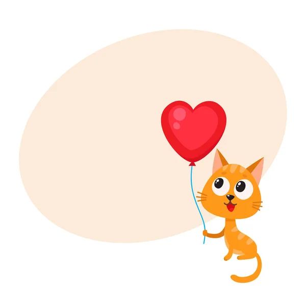 Carino e divertente gatto, gattino che tiene palloncino a forma di cuore rosso — Vettoriale Stock