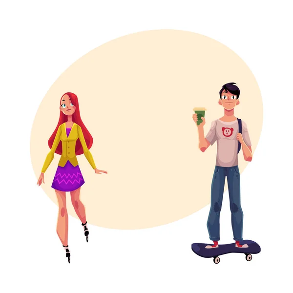 Fille, femme à cheval patins à roulettes et garçon, homme sur planche à roulettes — Image vectorielle