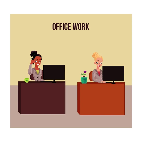 Affiche de vie de bureau, bannière avec des femmes d'affaires blanches et noires travaillant — Image vectorielle