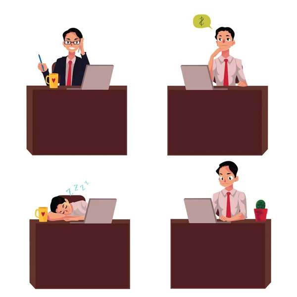 Jeune homme d'affaires assis au bureau, travaillant sur un ordinateur portable — Image vectorielle
